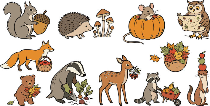 Hand Drawn Autumn Forest Animal Character Icon Set with Fox Squirrel Bear and Harvest Elements for Cottagecore Thanksgiving Storybook Designs