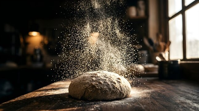 Flour particles dusting over fresh raw bread dough on a rustic kitchen table