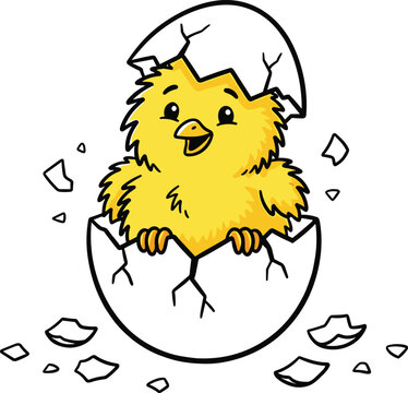 Cute yellow cartoon chick hatching out of a cracked white eggshell isolated vector illustration for Easter