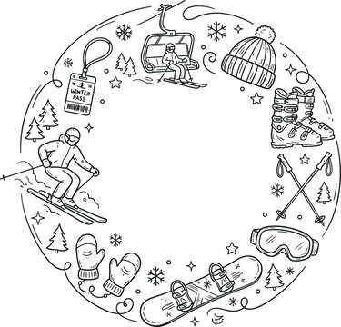 Winter ski resort round frame template with snowboarder lift cable chair boots mittens and goggles doodle