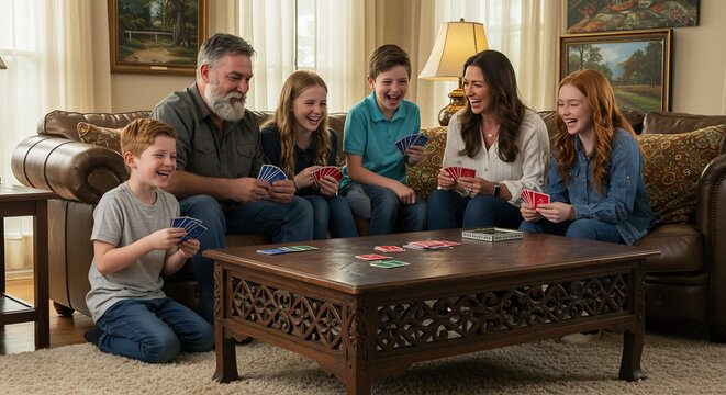 Family Game Night Joy: A multi-generational family shares laughter and fun playing a card game around a coffee table in their cozy living room, fostering connection and shared memories.