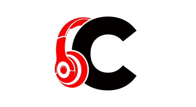 Modern circular logo featuring red headphones embracing a bold black C symbol for music branding.