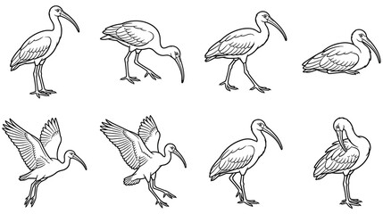 Naklejka premium Ibis bird character set with diverse natural poses and flying actions.