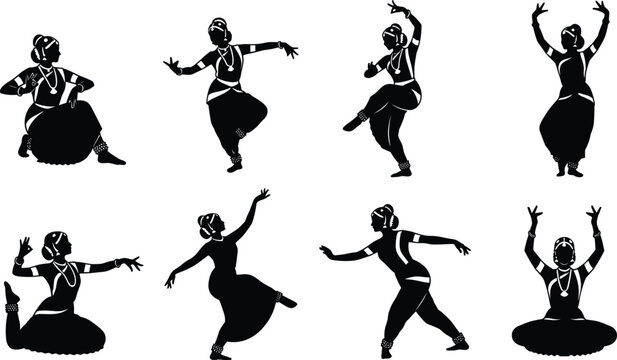 Traditional Indian classical dance performance vector silhouette set showcasing graceful cultural poses and expressive performer mudras