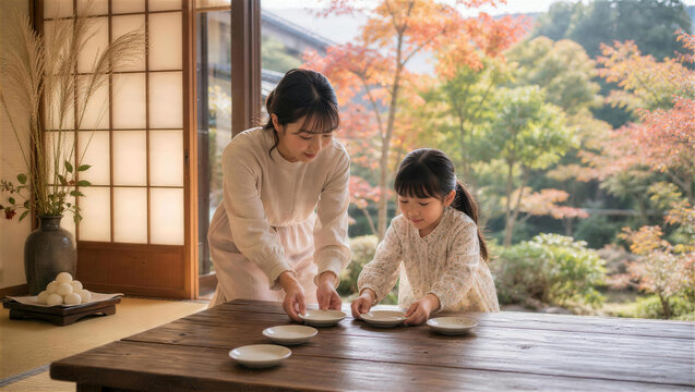 お月見の器を並べる親子
