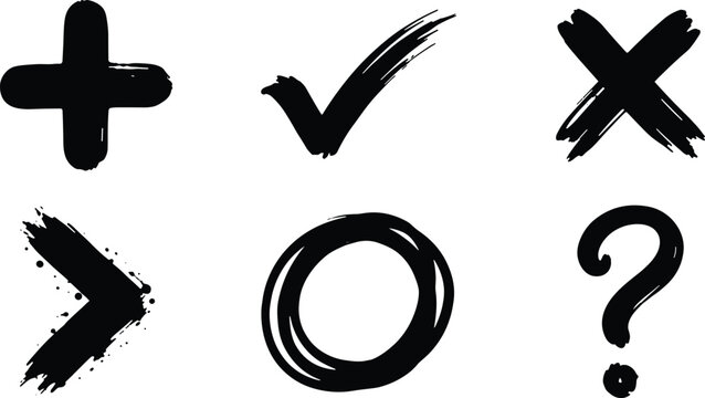 Hand drawn grunge check mark cross plus and question mark vector icon set with brush strokes
