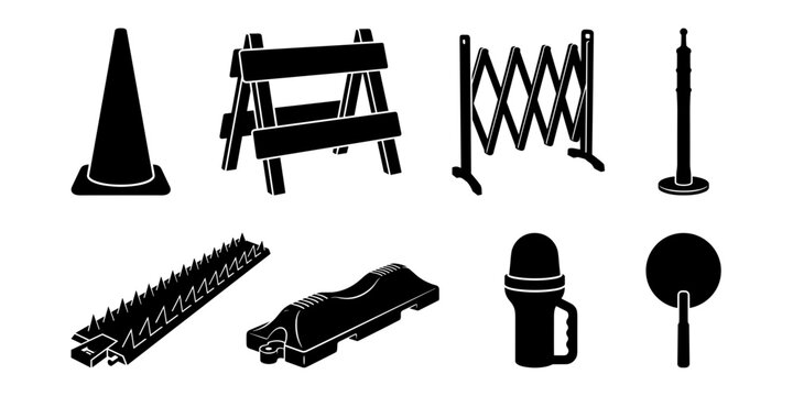 Black Silhouette Collection of Road Safety Equipment and Traffic Control Devices