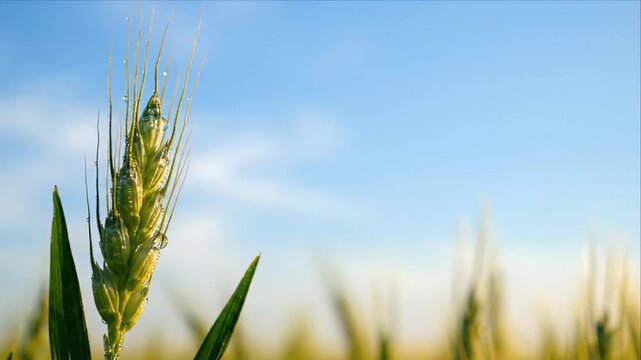 Wheat Agriculture Crop Field with Mature Grain Ear and Spike Rising Above Softly Blurred Farm Landscape in Warm Sunlight Beneath Clear Blue Sky, Peaceful Cereal Farming Growth Scene