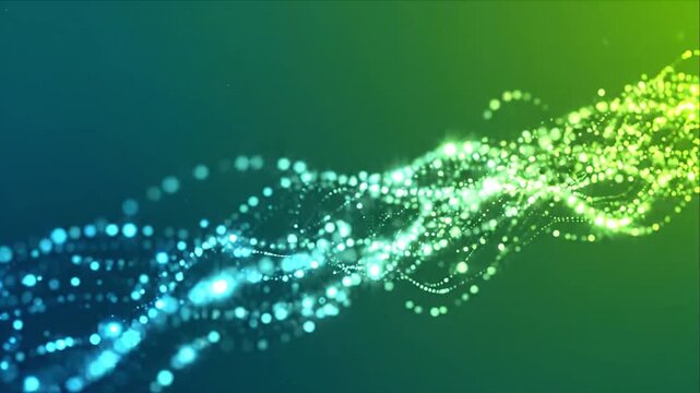 Abstract glowing particle wave with vibrant blue and green light, digital motion background featuring flowing trails, agriculture wheat texture, creative technology design, dynamic sparkle and energy