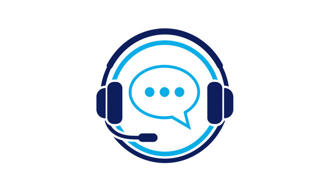 Circular headset icon with speech bubble representing customer support and digital communication.