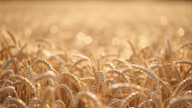 Golden Wheat Agriculture Field During Harvest Season with Ripe Grain Crop Heads, Warm Sunlight, Cereal Texture, Soft Bokeh, Peaceful Rural Landscape, and Abundant Golden Grain
