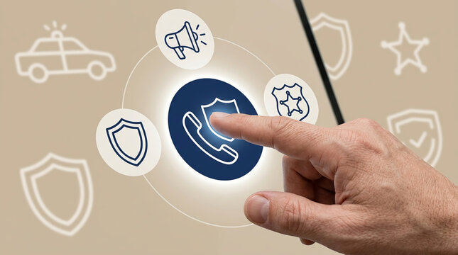 Hand touching digital interface for emergency services including police, security, and safety icons on a blurred background for rapid response concept.