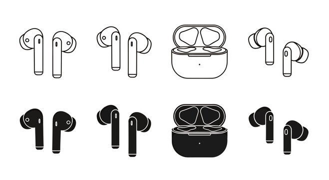 Set of wireless earbud icons with charging case in line art and silhouettes.