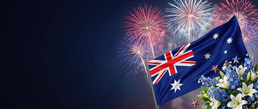 Waving australian flag against a dark night sky with colorful exploding fireworks and a bouquet of white lilies and blue delphinium flowers in the foreground