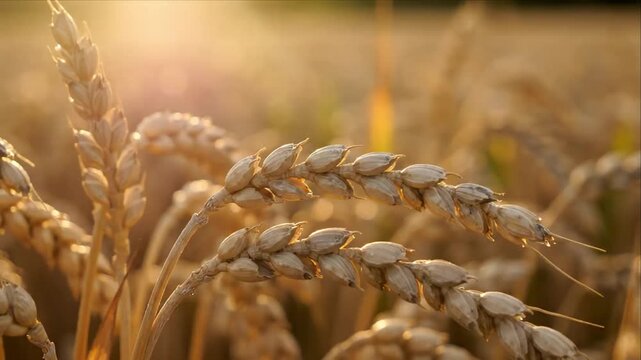 Golden Wheat Agriculture Grain Field Harvest with Detailed Ear and Stem Glowing Warm Sunlight, Rural Golden Texture, Ripe Seed Heads, Natural Abundance, Seasonal Harvest Atmosphere, Soft Bokeh