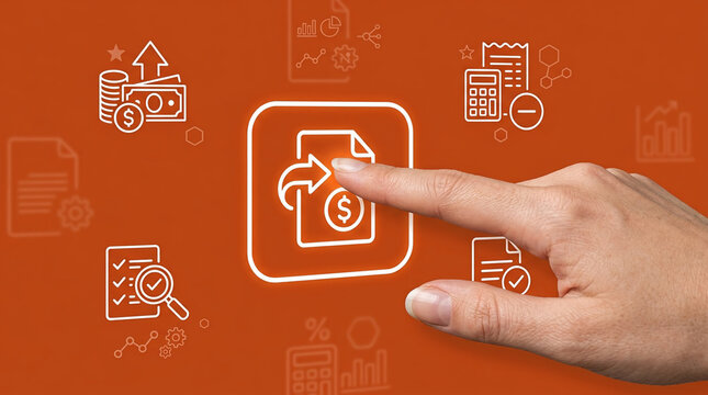 Concept of digital finance management and tax refund with human hand touching glowing icons on orange background for business technology