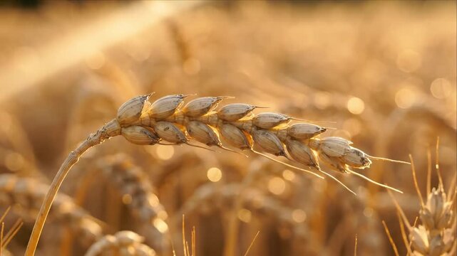 Golden Wheat Ear in Sunlit Agriculture Field, Glowing Grain Texture, Mature Cereal Crop, Harvest Abundance, Natural Seed and Kernel Detail, Warm Rural Bokeh, Serene Farming Heritage