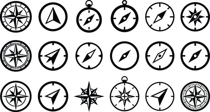 Navigation Compass and Marine Rose Black Silhouette Icon Set with Directional Arrow Pointers, Nautical Windroses, and Exploration Symbols for Travel Map Designs