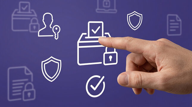 Secure Digital Voting Concept with Hand Touching Ballot Box Icon on Blue Background for Electronic Election Security and Privacy Protection Ideas
