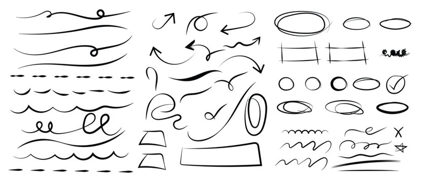 Hand drawn marker sketch arrows circles and rectangle frames doodle, irritation, anger doodles. Rough emotional hand drawn ball pen sketch grunge illustrations. Chaotic freehand pencil drawings.