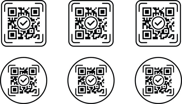 Digital verification QR code icon set featuring square and circular line art matrices with central checkmark badges