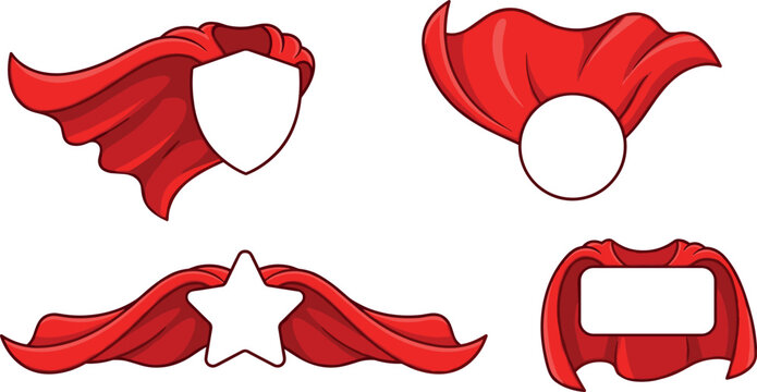 Red Superhero Cape Set with Blank Shield Star and Circle Badges for Creative Logos Insignia and Powerful Branding Vector Designs