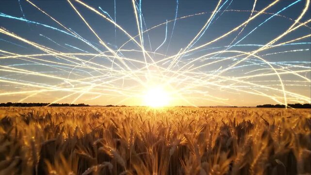 Golden wheat field at sunset with luminous light trail across expansive agriculture landscape, abundant grain, warm rural scenery, dramatic horizon, peaceful evening atmosphere and natural golden glow