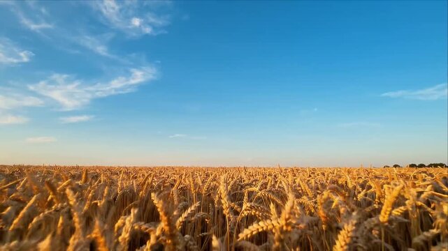 Golden Wheat Agriculture Field Beneath Clear Blue Sky, Abundant Grain Crop Across Expansive Farmland, Peaceful Rural Landscape, Harvest Abundance, Warm Natural Light and Open Horizon