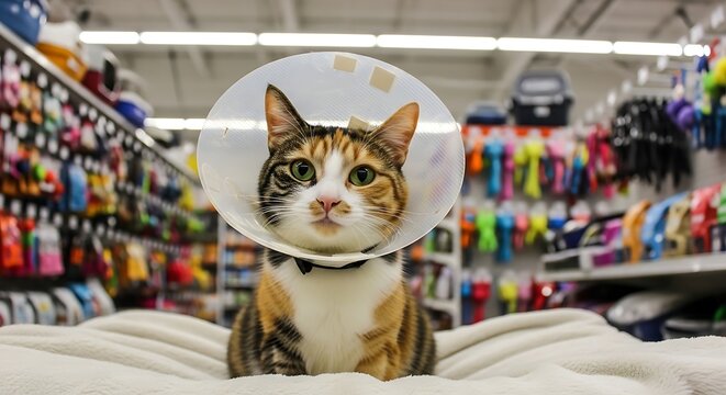 Calico cat wearing a protective cone collar, recovering at home or pet store