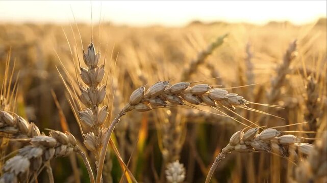 Golden Wheat Agriculture Field with Ripe Grain Heads and Delicate Awns in Warm Sunlight, Peaceful Rural Farmland Harvest Scene Showing Detailed Cereal Crop Growth