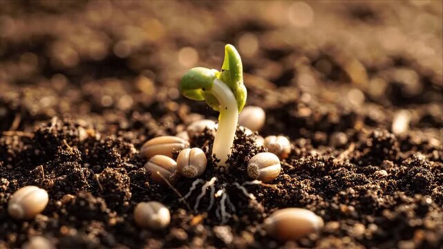 Young Green Seedling Emerging from Fertile Soil Among Wheat Seeds, Agriculture Farming Germination Growth, Sustainable Crop Cultivation and Hopeful Plant Renewal in Warm Natural Light