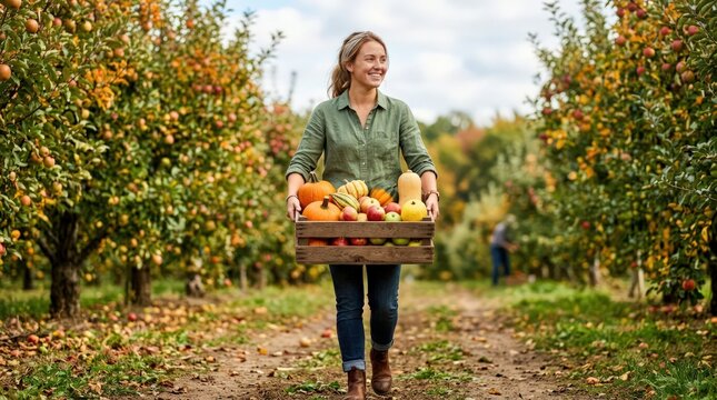 Smiling Woman Carrying Crate of Pumpkins and Apples in Autumn Orchard