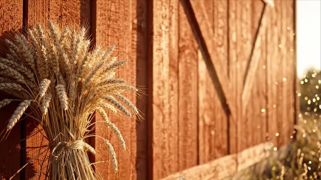 Wheat Agriculture Bundle Beside Rustic Wooden Barn Wall in Warm Sunlight, Peaceful Rural Harvest Scene with Glowing Dust, Natural Grain Texture, Seasonal Charm, and Serene Countryside Atmosphere
