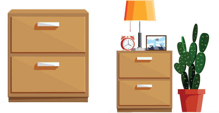 Wooden Bedside Table with Drawers, Lamp, Clock, Photo Frame and Potted Cactus Plant Vector Furniture Illustration Set