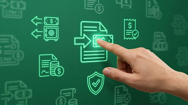 Digital Financial Transactions and Online Banking Services Concept with Human Hand Touching Glowing Payment and Billing Icons on Green Background.