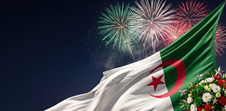 Waving flag of algeria with a red crescent and star, set against a dark night sky filled with colorful bursting fireworks and a decorative floral bouquet in the corner