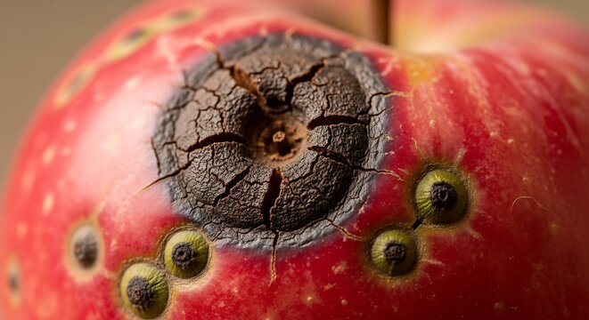 Macro view of damaged red apple skin showing surface cracks and decay spots
