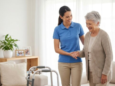 Elderly Woman Receiving Care from Caregiver with Walker in Living Room