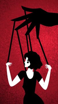 woman victim of gaslighting controlled like a puppet by a hand
