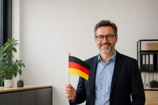 Smiling businessman holding German flag in office