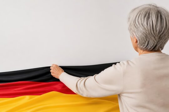 Senior woman holding German flag from behind