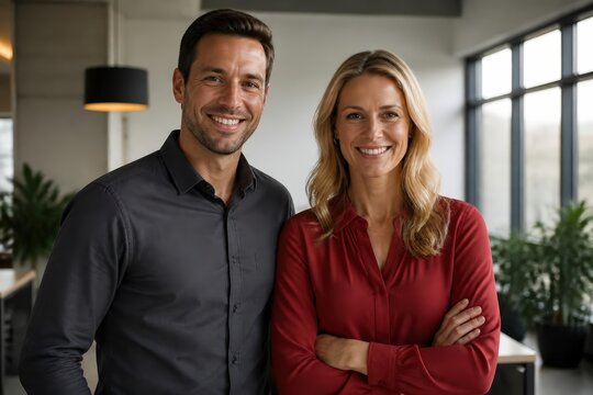 Smiling professional man and woman in modern office