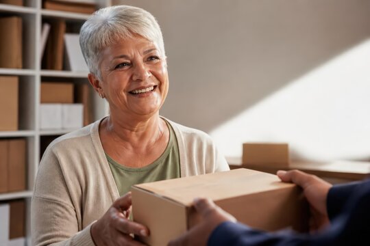 Senior woman receiving delivery package with smile