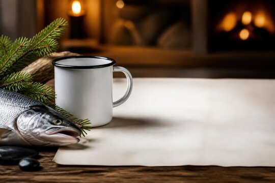 White enamel mug beside whole fish and evergreen sprigs