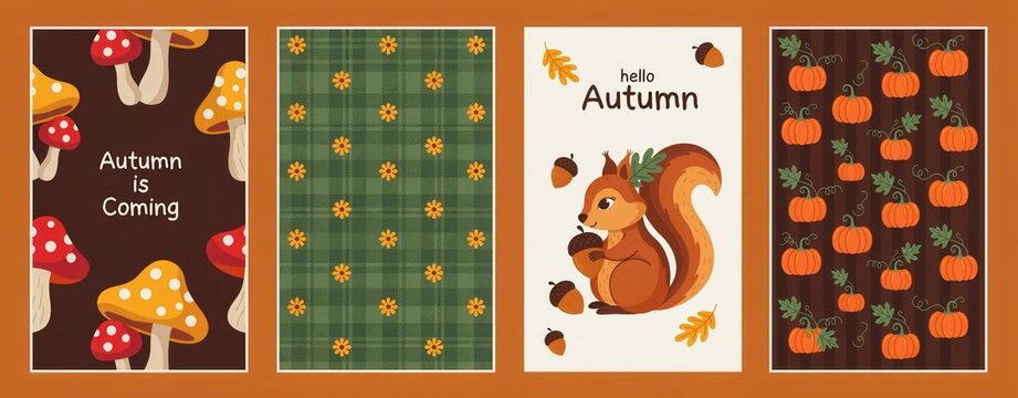 Set of four autumn greeting cards with cute squirrel