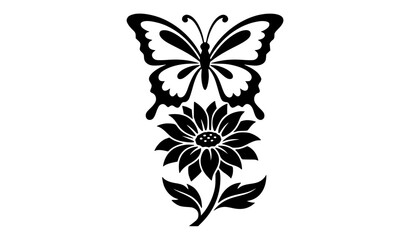 Fototapeta premium Ornamental Black Butterfly and Blooming Flower Silhouette Vector Design