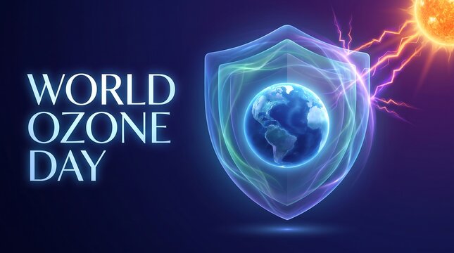 World Ozone Day Concept with Earth Inside Protective Shield Blocking Harmful UV Rays from the Sun on Dark Blue Background Digital Illustration