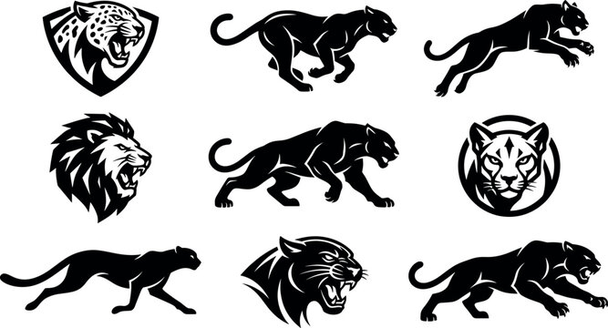 Aggressive big cat mascot vector silhouette set featuring roaring lion jaguar leopard cheetah and panther sports team emblem designs.