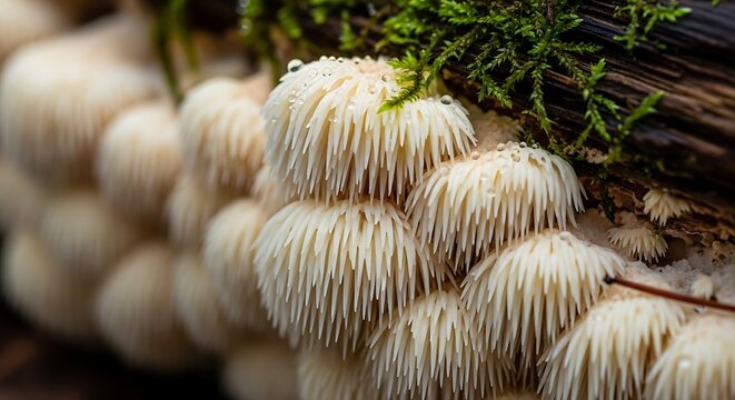 Hericium erinaceus fungi growing on decaying tree bark in forest with mushroom