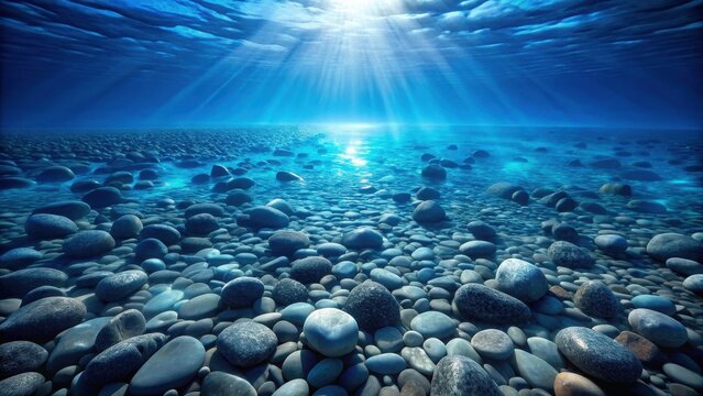 Underwater Scene with Sunlight and Rocky Ocean Floor at Depth